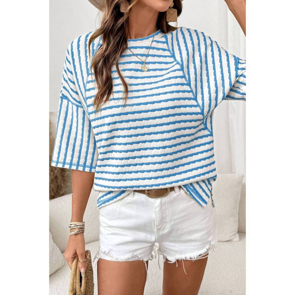 NEW LITTLE DAISY CLOSET striped textured knit split hem top in sky blue stripe